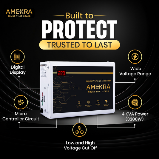 Amekra - Wall Mount Stabilizer for AC Upto 0.8, 1.0, 1.5 Ton - 4KVA - 170V DIGITAL DISPLAY- Aluminium