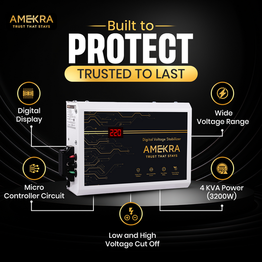 Amekra - Wall Mount Stabilizer for AC Upto 0.8, 1.0, 1.5 Ton - 4KVA - 170V DIGITAL DISPLAY- Aluminium