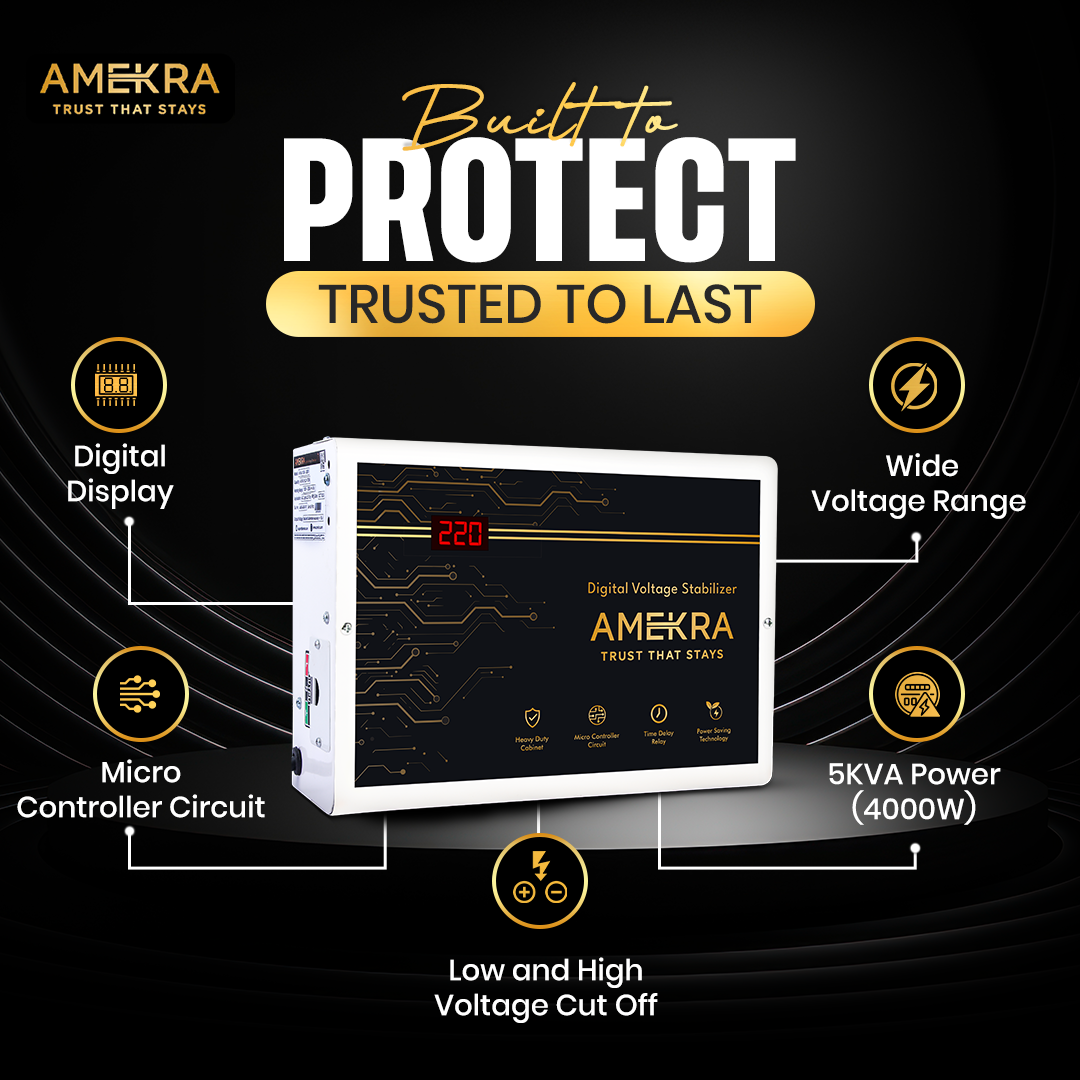Amekra digital voltage stabilizer with features highlighted