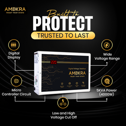 Amekra digital voltage stabilizer with features highlighted