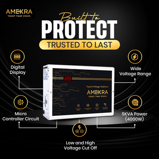 Amekra digital voltage stabilizer with features highlighted