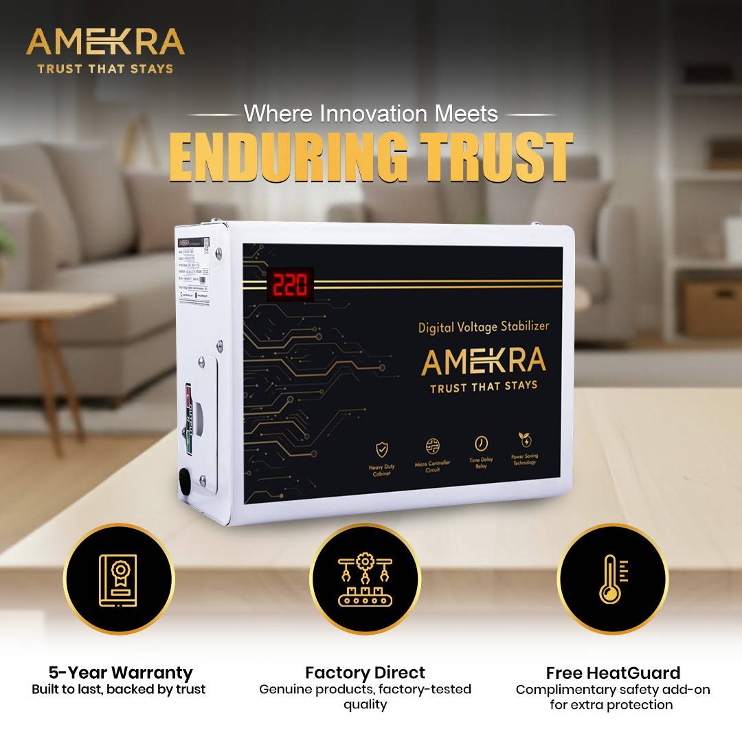 Amekra AC Stabilizer for Upto 1.5 Ton - 4 KVA 165V (White) - (Digital Display - Input and Output)