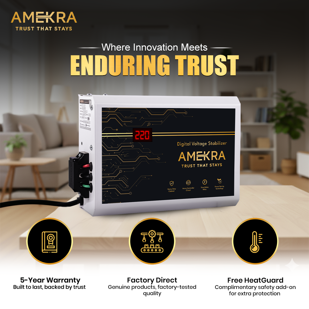 Amekra - Wall Mount AC Voltage Stabilizer for Upto 1.5, 2.0 Ton- 5KVA - 150V Digital - Aluminium