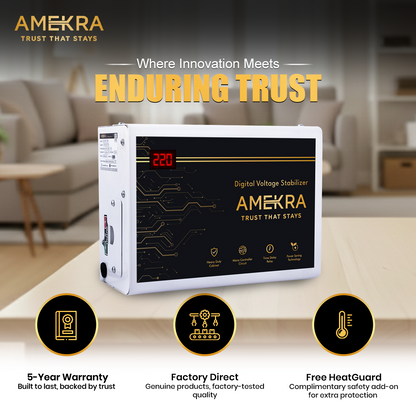 Amekra - Wall Mount Stabilizer for AC Upto 0.8, 1.0, 1.5 Ton - 4KVA - 150V Digital - Copper
