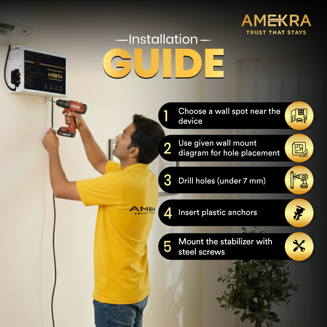 Amekra - Wall Mount AC Voltage Stabilizer for Upto 1.5, 2.0 Ton- 5KVA - 150V Digital - Aluminium